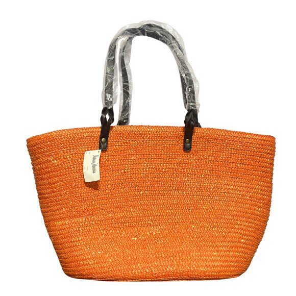 Neiman Marcus Large Straw Tote Bag Orange Boho Tropical Beach Vacation Hawaii - Picture 1 of 12
